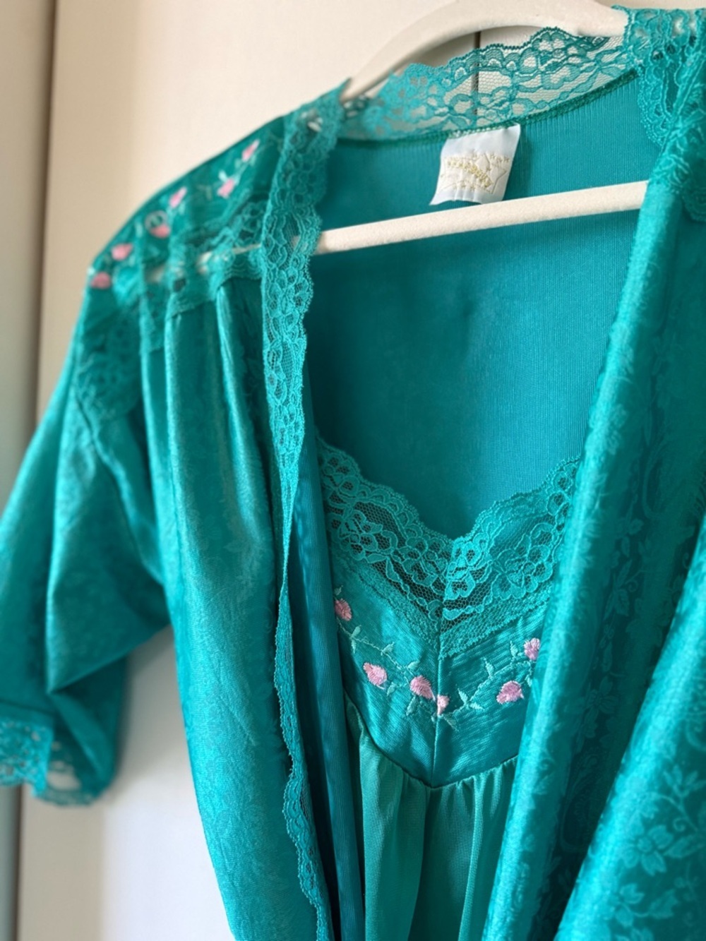 Vintage 70s Stardust Fairycore Emerald Green Teal Chemise Peignoir Set Florets L - Picture 10 of 16